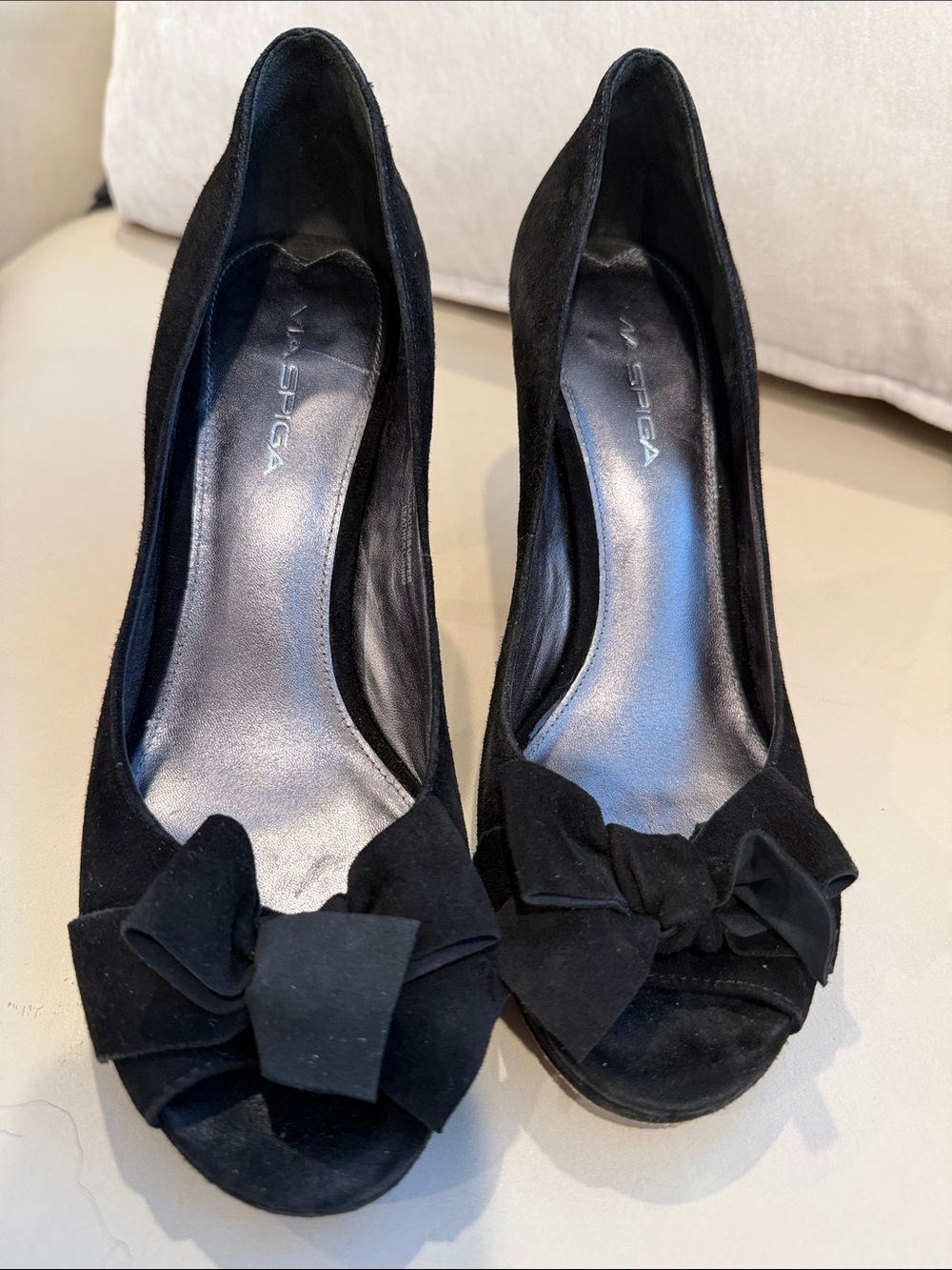 Vince Camuto Black Suede Peep-Toe Pumps with Bow Accent